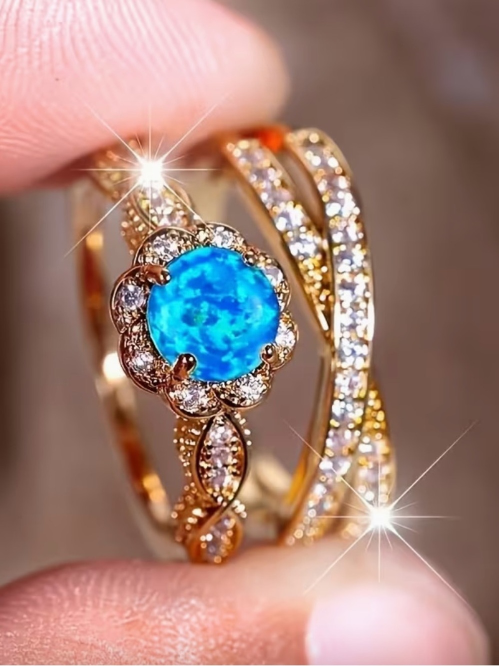 Gold Blue Opal Flower Halo Blue Ring.